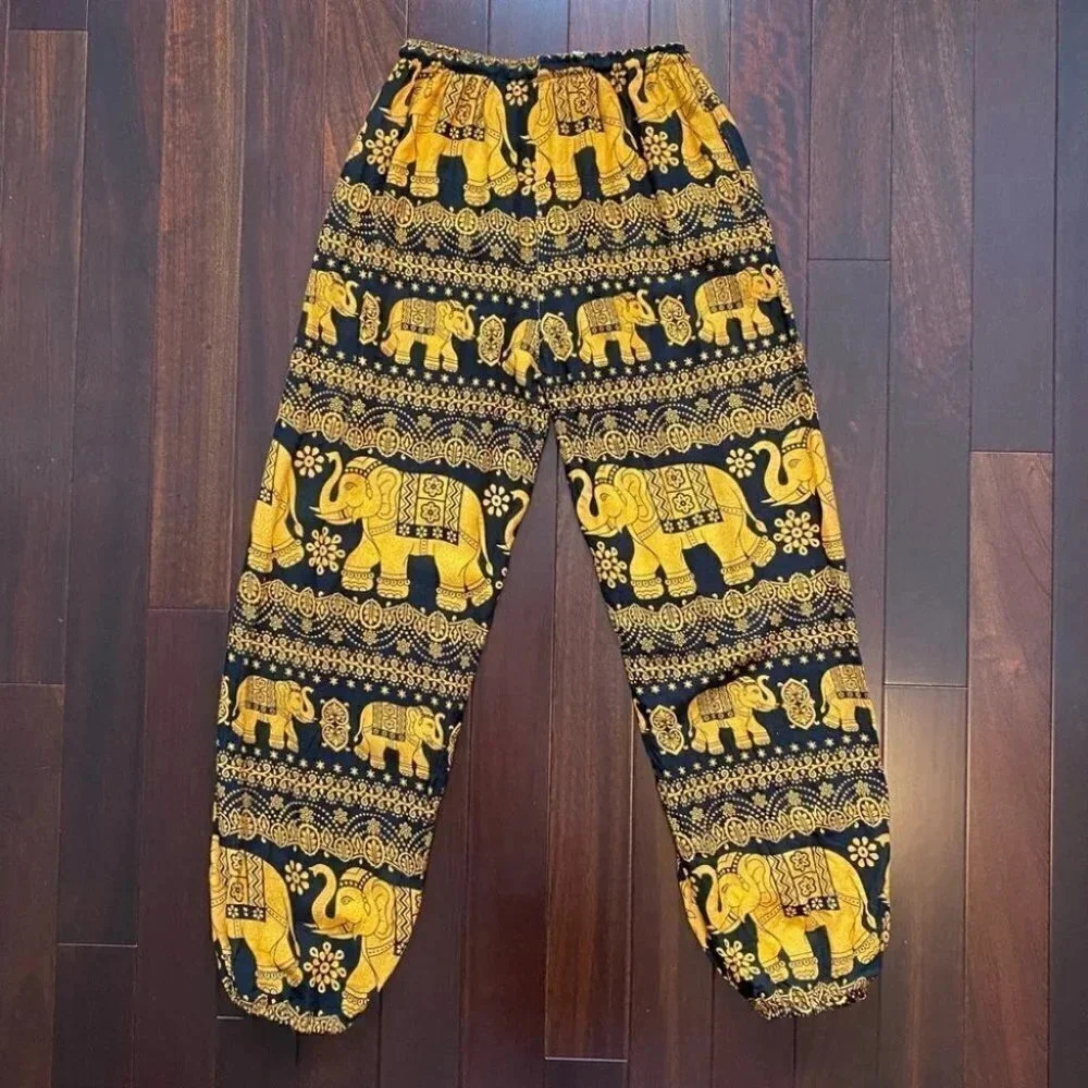 Black Gold Balloon Pants Flowy Draped Harem Joggers Elephant Print Size XS/S - Picture 11 of 15
